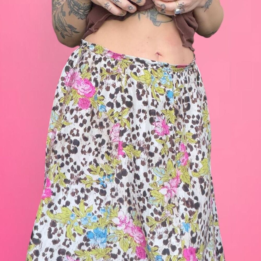 vintage y2k leopard print floral midi skirt